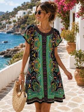 ECI New York Boho Paisley Embellished Shift Dress Resort Vacation Size 2